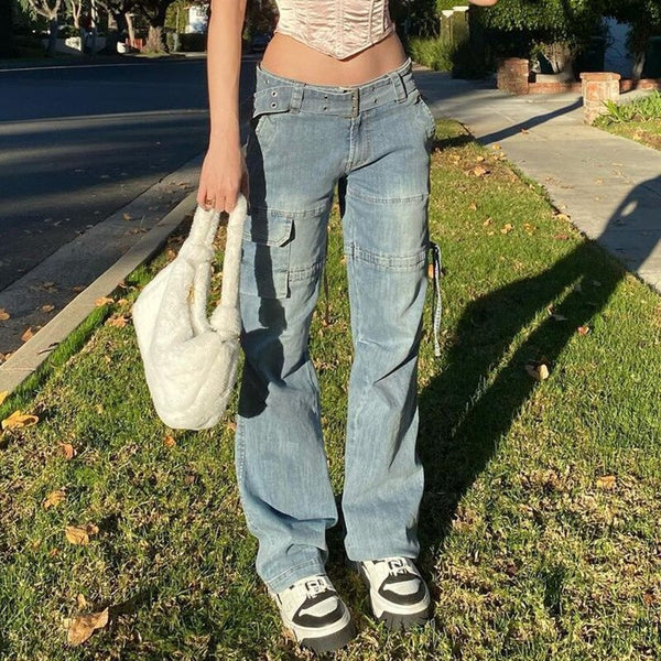Low Rise Staright Cargo Jeans Wrap Belt Retro Denim Pants Ruched Drawstring Women Denim Trousers Street Indie Aesthetic Jean