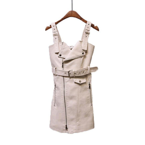 Faux Soft Leather Mini Dress Sexy Turn-down Collar Slim Pu Motorcycle Zipper Retro Black Leather Punk Sundress