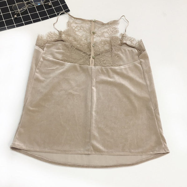 M&B high quality fashion lace hollow out sleeveless Backless velvet top women 2022 summer black tank vest halter top camisole