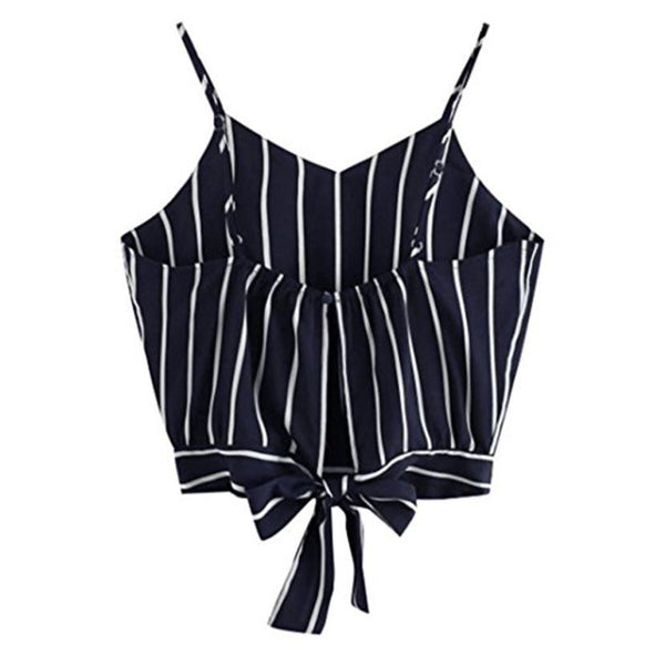 2022 women shirt Crop top summer sexy fashion vest bow Women's Self Tie Back V Neck Striped Crop cami Top Camisole Blouse
