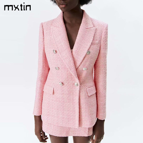 MXTIN 2022 Women Spring Vintage Tweed Blazers and Jackets Double Breasted Long Sleeve Slim Business Female Blazer Coat