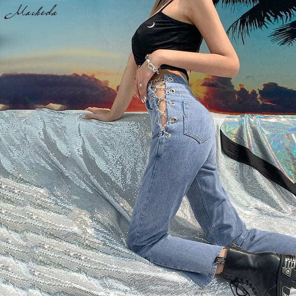 Macheda High Waist Hollow Out Chain Design Woman Jeans Retro Streetwear Casual Skinny Lady Pants mujer 2022 New