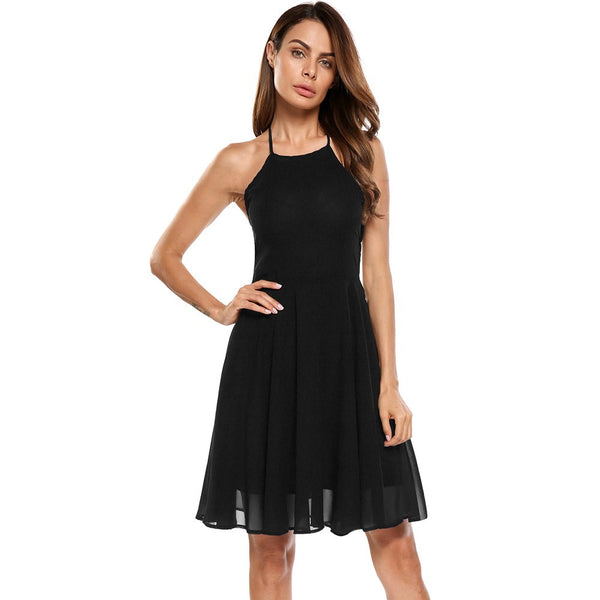 Women Chiffon Spaghetti Strap Mini Dress Summer Sleeveless Sexy Backless Swing Casual Solid Dresses Hollow Out Vestidos