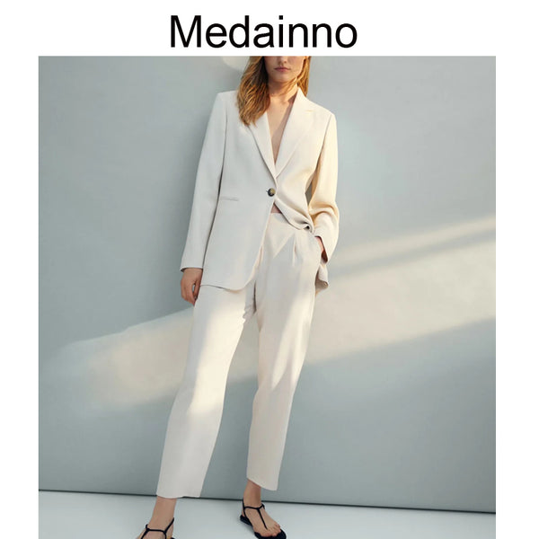 Medainno Blazer Women Coat Solid Color Notched Slim Blazer Coat Office Jackets Lady Long Sleeve One Button Outerwear Suits Tops