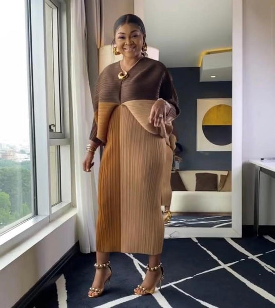 Miyake Pleated Lantern Bat Sleeve  2022 Summer  Temperament  Stitching V-Neck  Loose Dress