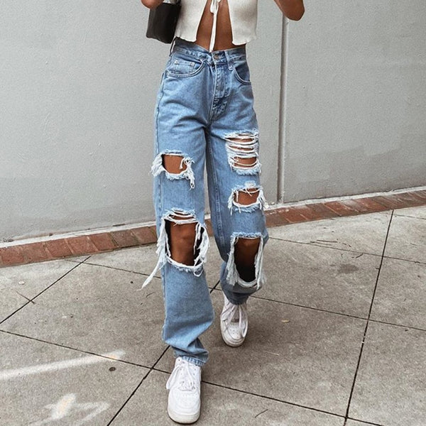 Ms show thin hole in Europe and the United States women jeans washing jeans trousers