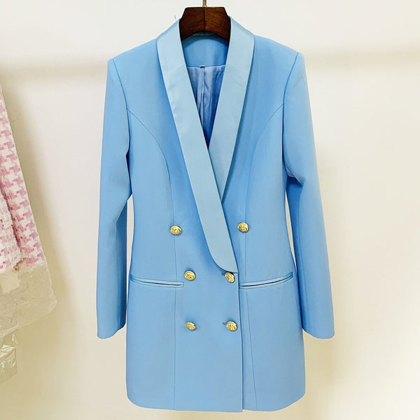Design Long Blazer Dress 2022 Gold Button Double Breasted Satin Shawl Collar Luxur Women Jackets Dress Blazers Suit