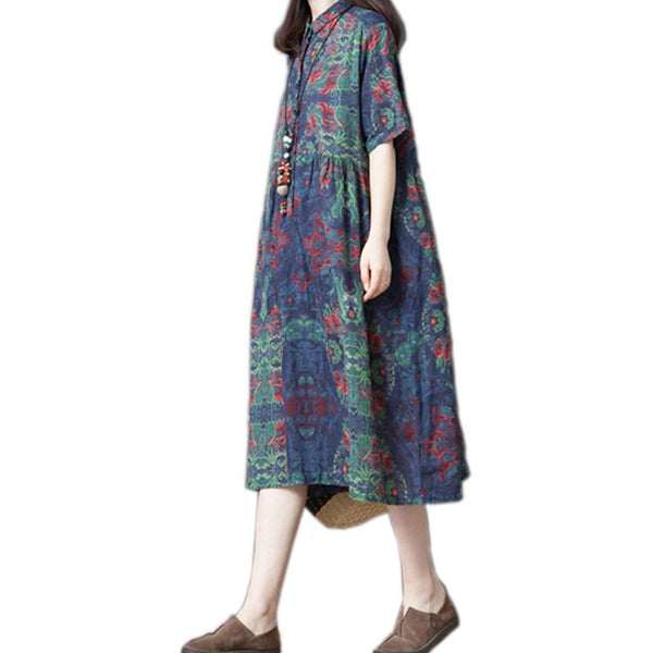 Large Size Women's Clothes 2023 Summer Dress Loose Floral Cotton Linen Dress Casual Vintage Shirt Vestido Robe Elbise f875