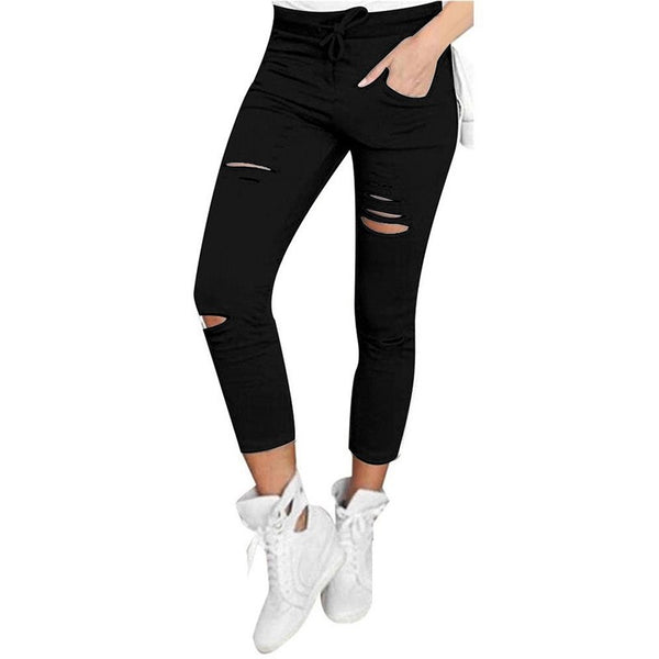 Skinny Pants Women Sexy Hole Knee Pencil Pant Lady High Waist Legging Slim Trousers Stretch Ripped Jeans Plus Size 4XL