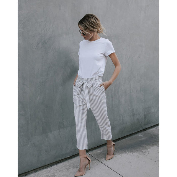 New 2022 Fashion Summer stripe casual pants women botto Sash high waist wide leg pants Elastic summer L beach trousers