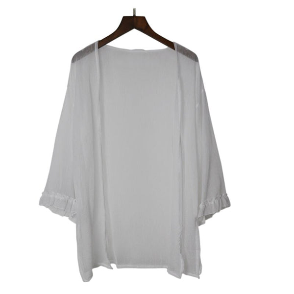 2023 Summer Sun Shirt Casual Long Cardigan Kimono Crochet Loose Ruffles Chiffon Beach Blouses Women Tops
