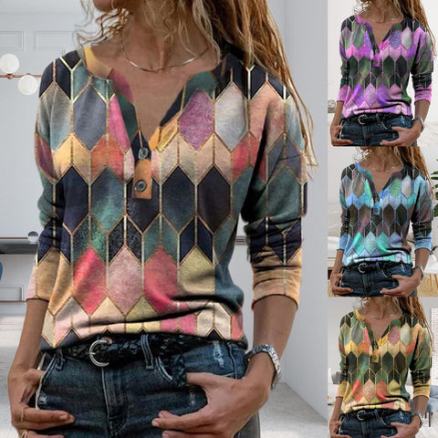 2023 Women Spring Autumn T-Shirts Retro Geometric Print Buttons Blouse Pullover V Neck Long Sleeve T-shirt