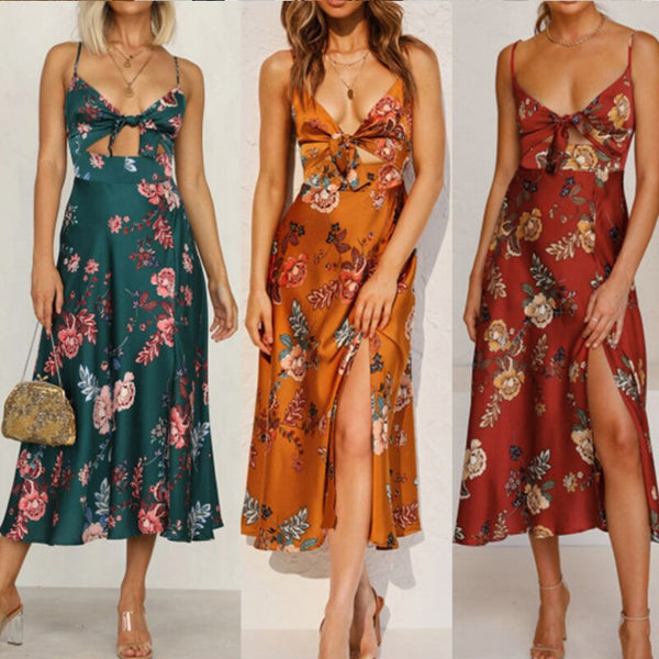 2022 V-Neck Sling Printed Bow Beach Backless Skirt Suit Office Clothes Work Outfit Vittoria Vicci Womens Summer Dress