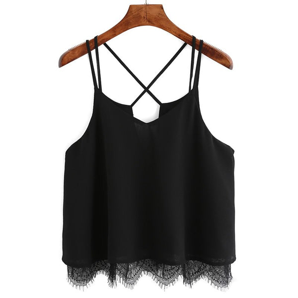 New Arrival Plain Wine Red Spaghetti Strap Lace Chiffon Camisole Cami Tank Top Korean 2022 Summer Female Blusa Cropped Feminino
