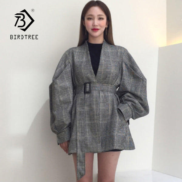 New Arrival Women Blazer Plaid V-Neck Single Breasted Lantern Sleeve Belt Blazer Pink Gray Elegant Office Lady Top C87313X
