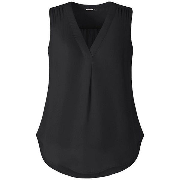 New Chiffon Womens V Neck Shirts Double Layered Pleated Blouse Office Tank Top Solid