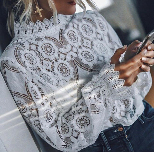 2023 Womens Lace Crochet Flower Blouses Ladies Cotton Casual Loose Long Sleeve Shirts female Hallow Out Tops