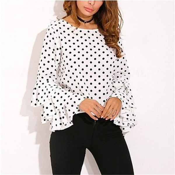 Dot Print Flare Sleeve Women Blusa O-Neck Long Sleeve Chiffon Shirts Ladies Tops Korean White Black Blouse