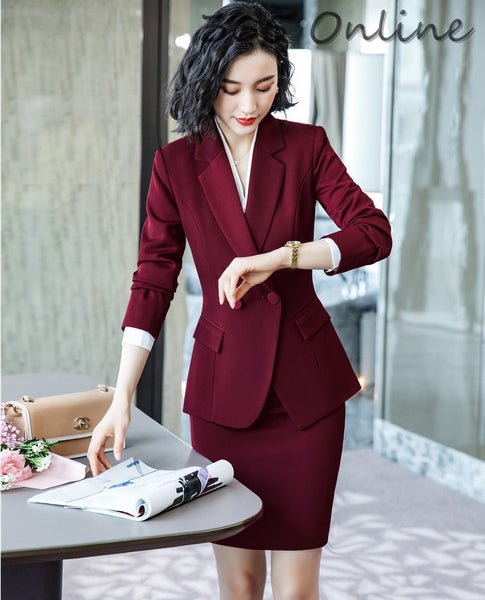 Novelty Wine Formal Women Business Suits with Skirt and Jackets Coat Ladies Office Professional Blazers Autumn Winter OL Styles