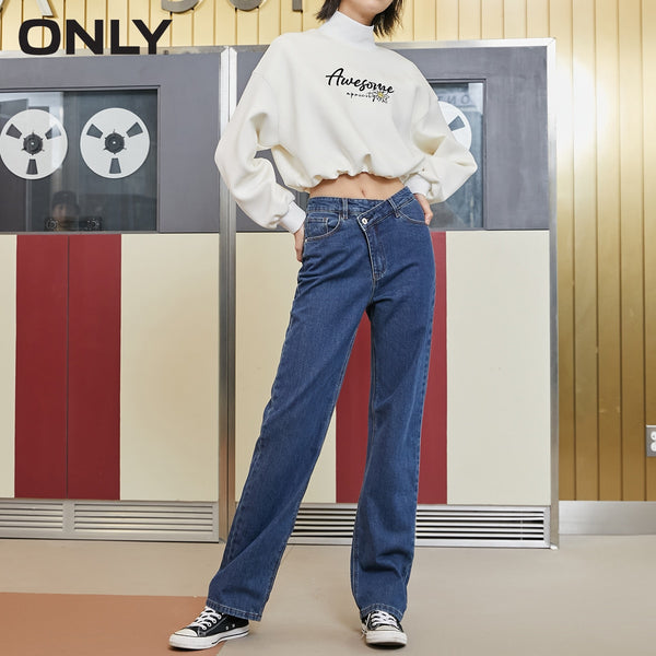 ONLY 2022 winter high-waisted straight loose loose thin asymmetrical denim leg pants women | 120332052