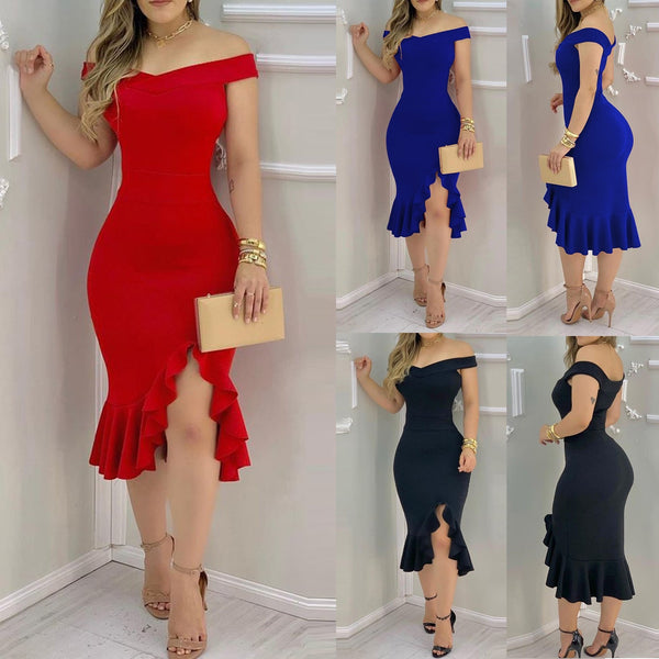 Off Sholuder Sexy Ruffles Mid Dress Women Evening Party Dress Bodycon Dress Femme Casual Short Sleeve Dresses Vestidos