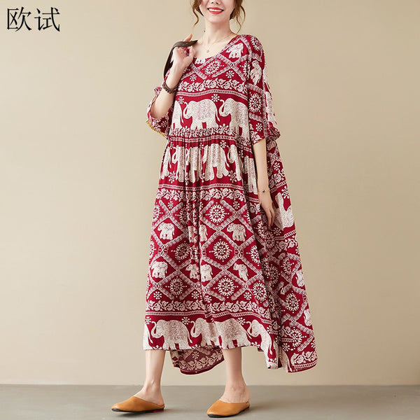 Oversized Summer Vintage Elephant Floral Beach Dress for Women Vogue Ladies Dresses Long Mujer Femme Woman Korea Dress 2022