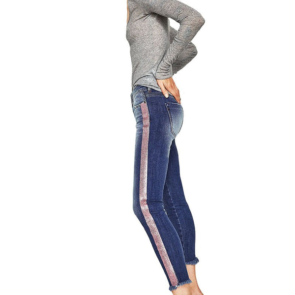 2022 Spring Women Side Striped Stretchy Jeans Washed High Waist Ankle Length Skinny Jeans Denim Female KWA0322-45
