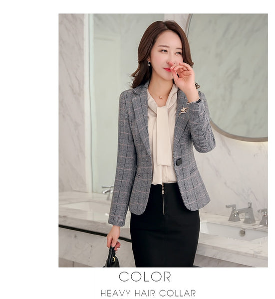 Blazer Feminin Women gary Plaid Blazer Style Slim Blazers And Jackets One Button Suit Office Jacket Elegant 3xl