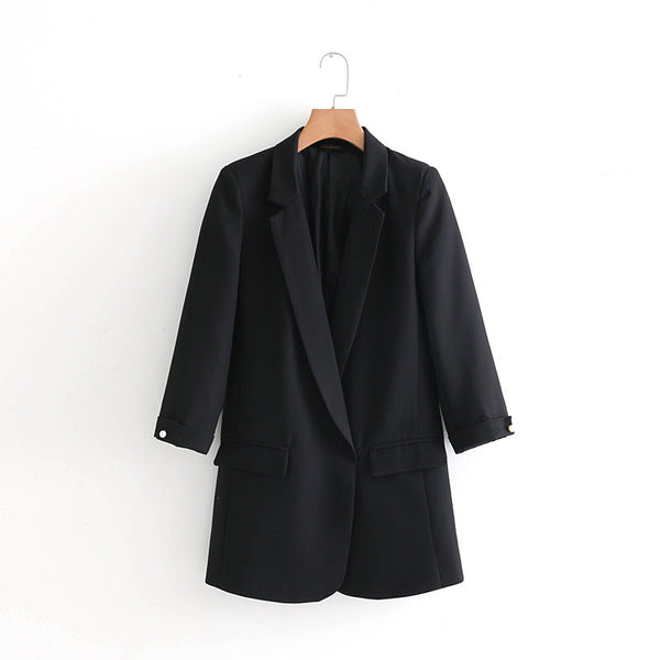 women elegant pink blue green blazer pockets Notched collar three quarter sleeve outerwear office casual tops