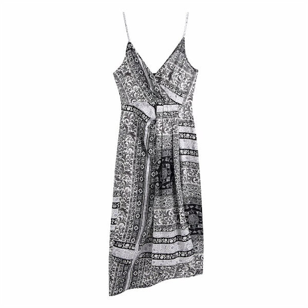 PUWD Elegant Women Black Print Irregular Sling Dress 2022 Summer Chic Female Backless Party Dresses Ladies Floral V Neck Dress