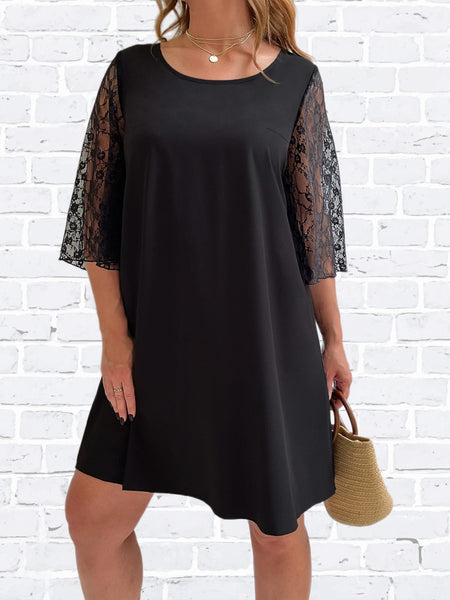 Plus Size 4XL Midi Dress for Women Half Lace Sleeve Autumn Black Ladies Loose Cotton Casual Elegant Oversized Party Dresses
