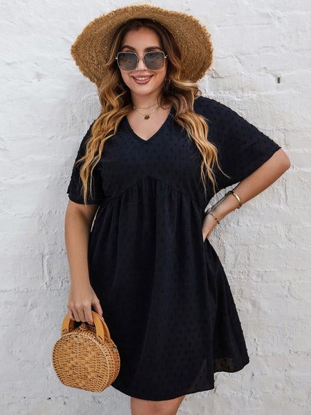 Plus Size Black Dress for Women Short Sleeve 2023 Autumn Clothing V Neck A Line Elegant Cotton Casual Loose Midi Tunic Dresses