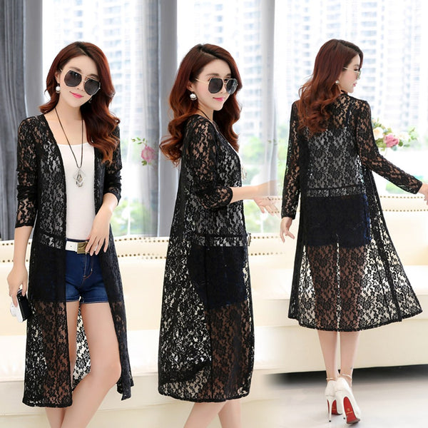Plus Size Elegant Blouse Ladies Summer Long Lace Kimono Cardigan Women 2022 Long Sleeve Shirts Beach Shirt Female Crochet