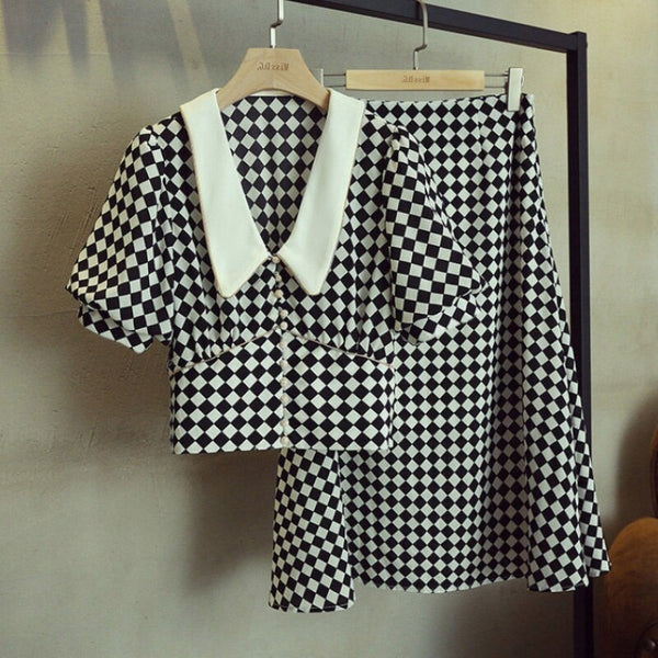 Plus Size Female Office Suits With Skirt Plaid Skirt And Blouse Korean Style 2 Piece Set Luxurious Ensemble Femme Survetement