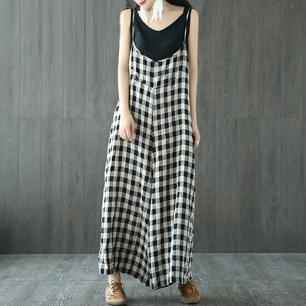 Plus Size S-5XL Women Check Plaid Dungaree Jumpsuits Overalls Vintage Strappy Casual Loose Harem Pants Long Trousers
