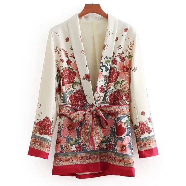 Printed casual suit collar women's jacket 2022 spring fashion Belt was thin