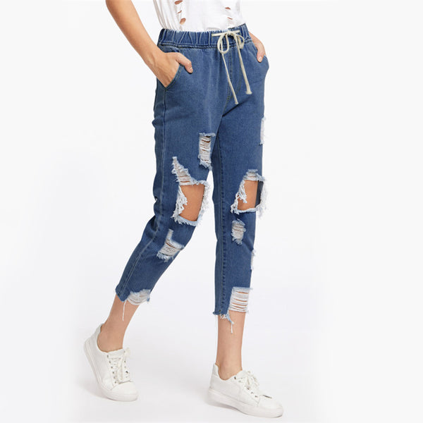 Drawstring Waist Ripped Jeans For Women Blue Extreme Destroyed Casual Crop Denim Pants Fall Tapered Jeans