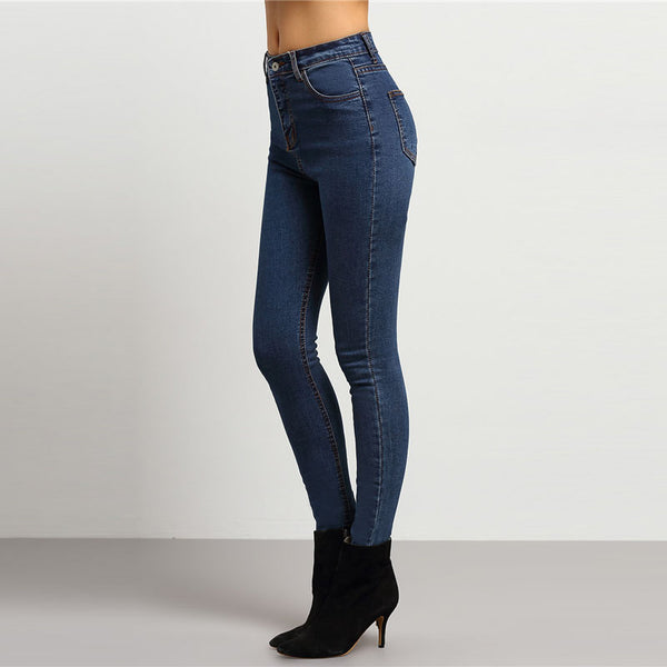 Skinny Denim Pants 2022 New Arrival Blue Mid Waist Casual Plain Jeans Blue Button Fly Zipper Fly Women Trousers