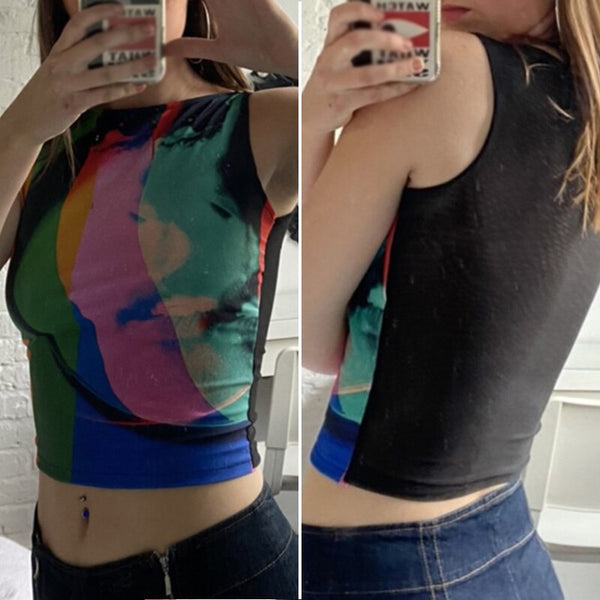 Retro Painting Print Crop Tank Top Vintage Mesh Slim Crew Neck Tops Women Girl Aesthetic Tee Sleeveless Vest Crop Summer