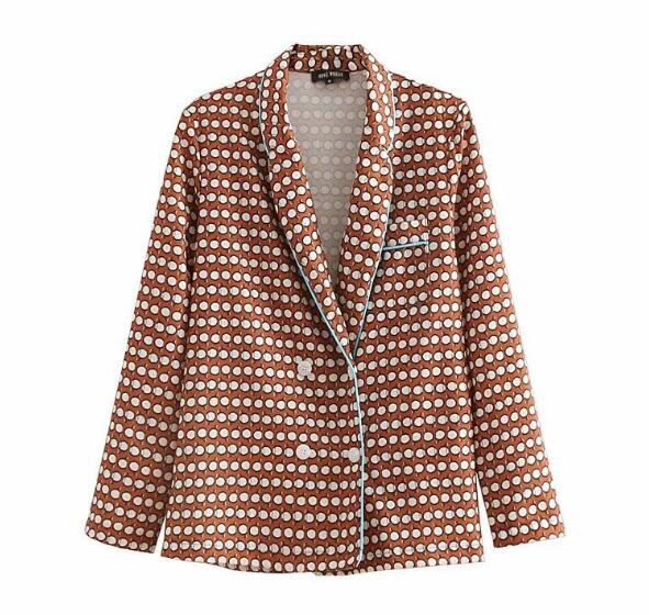 Retro Spliced blue edge Polka Dot Print Blazer Brown Woman Lapel Single Pocket Double Breasted Suit Casual Jacket Coat Outerwear