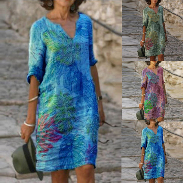 Retro Women Plus Size Dress Female V-Neck Linen Oversize Dress Ladies Casual Printing Short sleeve Midi Dress vestido de mujer