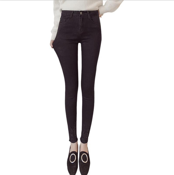 Ripped Bottoms High Waist Woman Jeans Skinny Casual Denim Women Pencil Pants Cool Jeans Slim Student Girls Trousers Dunayskiy