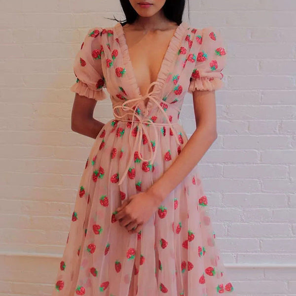 Runway Stamping Sparkling Black Strawberry Dress Women Short Sleeve V Neck Lace Up Bow Ruffles Mesh Tulles Long Dress