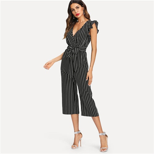 Black and White Elegant Vertical Stripe Ruffle Detail Wrap Deep V Neck Belted Jumpsuit Summer Women Workwear Jumpsuit