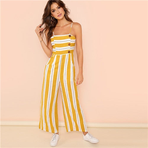 Ginger Striped Wide Leg High Waist Casual Cami Jumpsuit Office Girls 2022 Summer Sleeveless Vacation Jumpsuits Long Pants