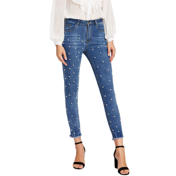 Pearl Beaded Frayed Hem Jeans Casual Womens Skinny Jeans Denim Autumn High Waist Bleached Women Zipper Pants