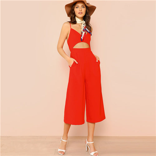 Red Vacation Boho Bohemian Beach Deep V Neck Sleeveless Cut Out Zipper Backless High Waist Sexy Jumpsuit Summer For Women
