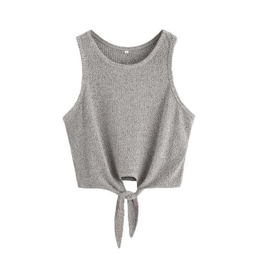 Summer Style Tank Top for Ladies Woman Casual Tops Plain Round Neck Sleeveless Tie Front Ribbed Crop Tank Top