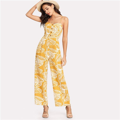 Summer Vacation 2022 Spaghetti Strap Boho High Waist Tropical Palm Leaf Print Shirred Wide Leg Cami Palazzo Women Jumpsuit