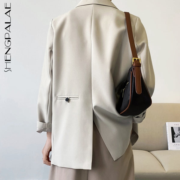 SHENGPALAE Temperament Back Split Blazer Women's Spring 2022 Notched Loose Single Breasted Long Sleeve Silhouette Coat Suit